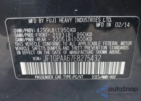 2014 Subaru Impreza 2.0I from USA, damaged, VIN JF1GPAA67E8275432